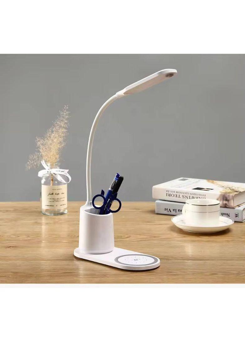 Настольная светодиодная лампа с беспроводной зарядкой и подставкой для канцелярии Белая No Brand (363186091)