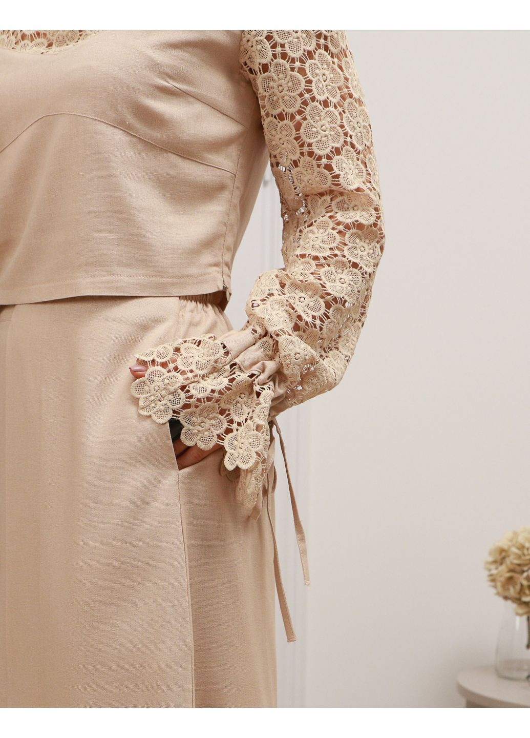 Стильный льняной костюм-двойка с юбкой 818ДИ беж No Brand (370079808)