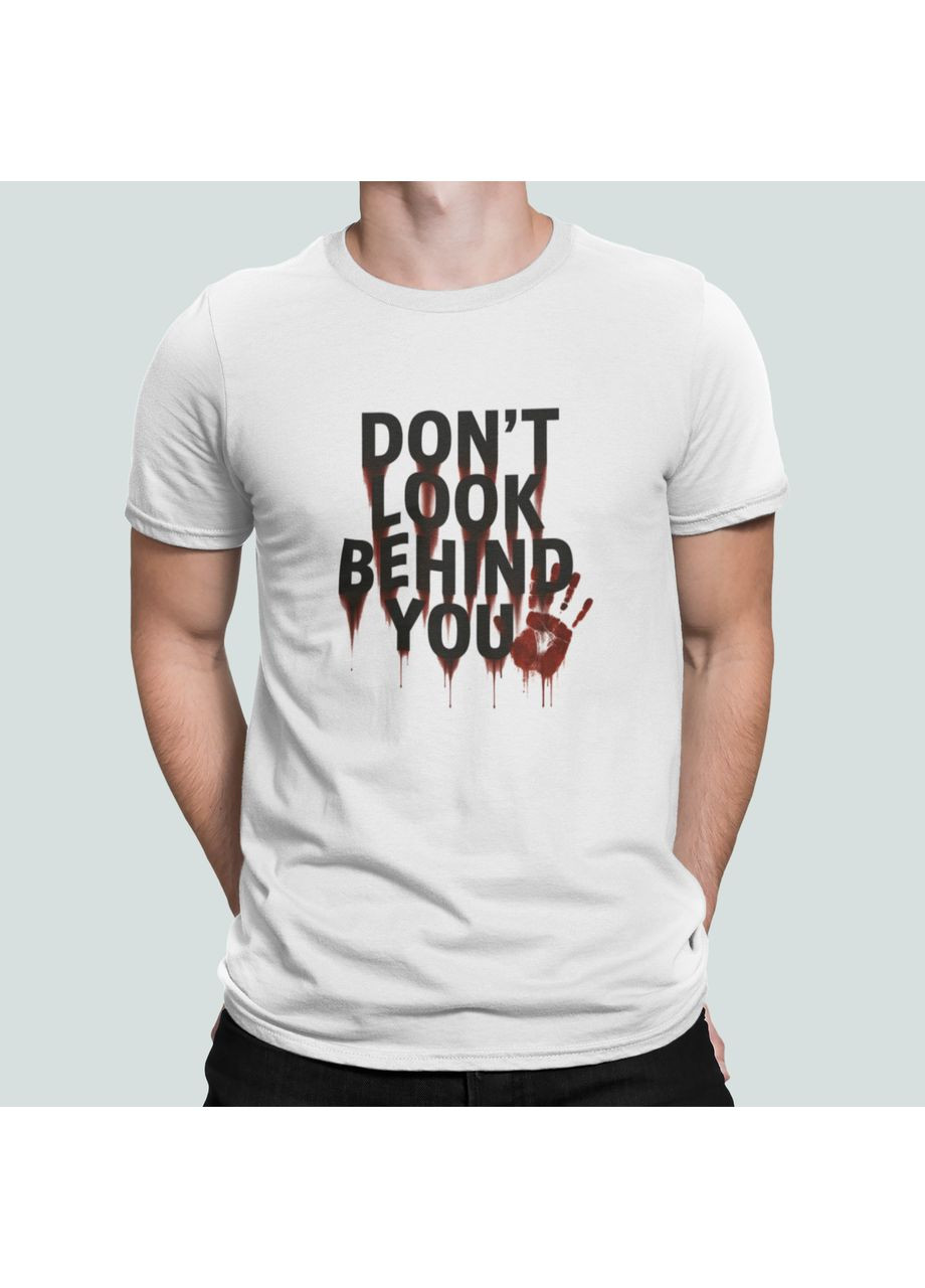 Біла чоловіча футболка з принтом don`t look behind you хелловін Stedman