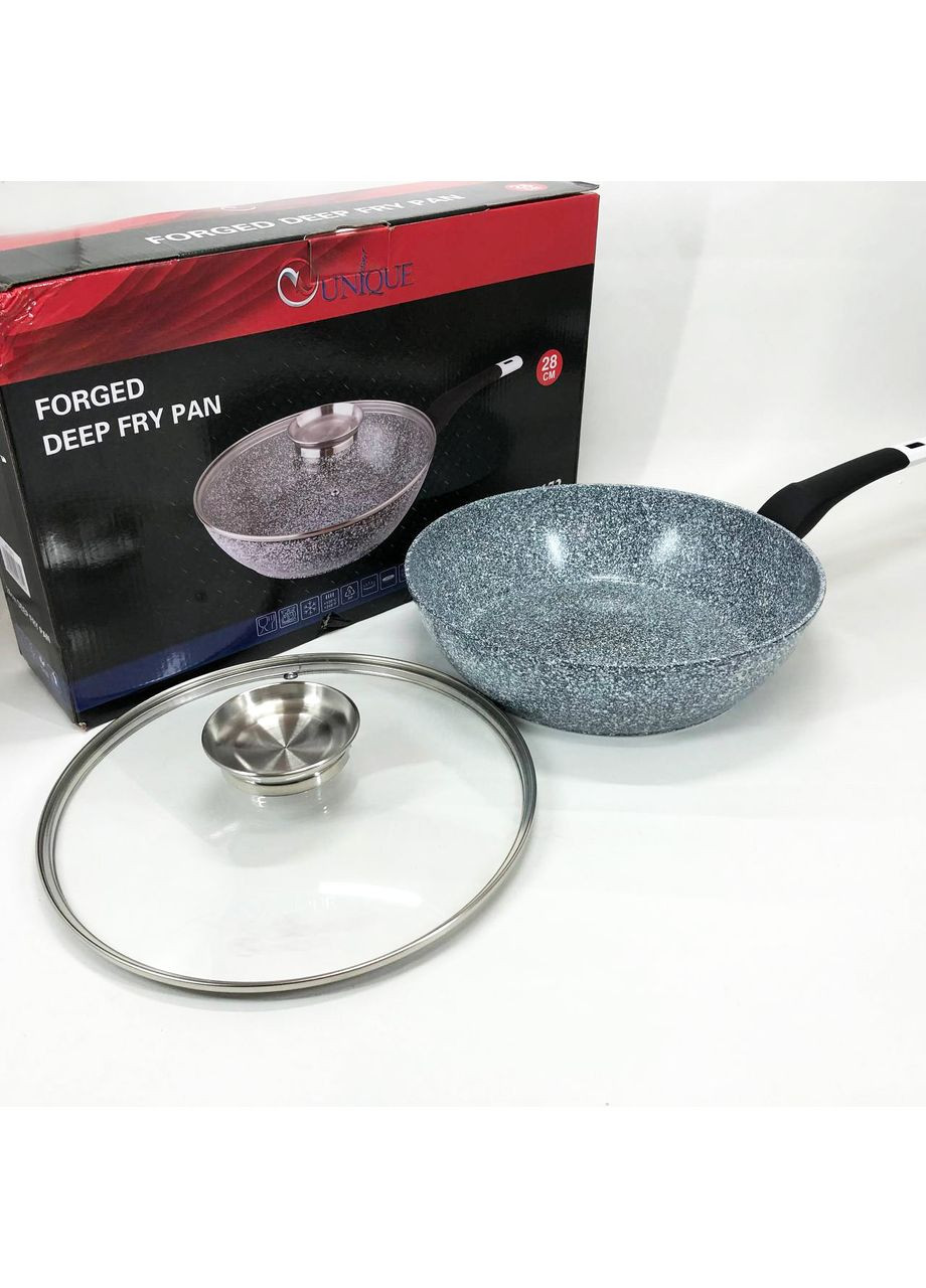 Сковорода глубокая UN-5172 28 см с крышкой, Прочная сковородка с антипригарным покрытием Unique (365813131)