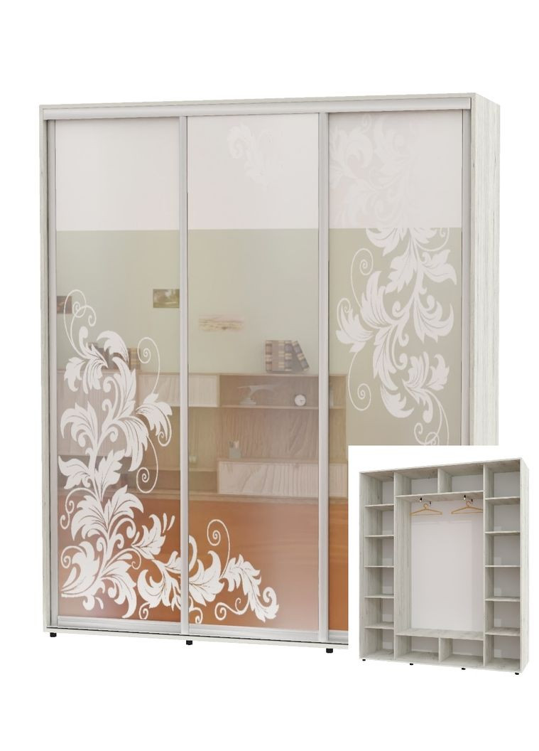 Шафа-купе тридверна 230*45*230 Дуб крафт білий Дзеркало з піскострумним малюнком ШК-05 Алекса (360452417)
