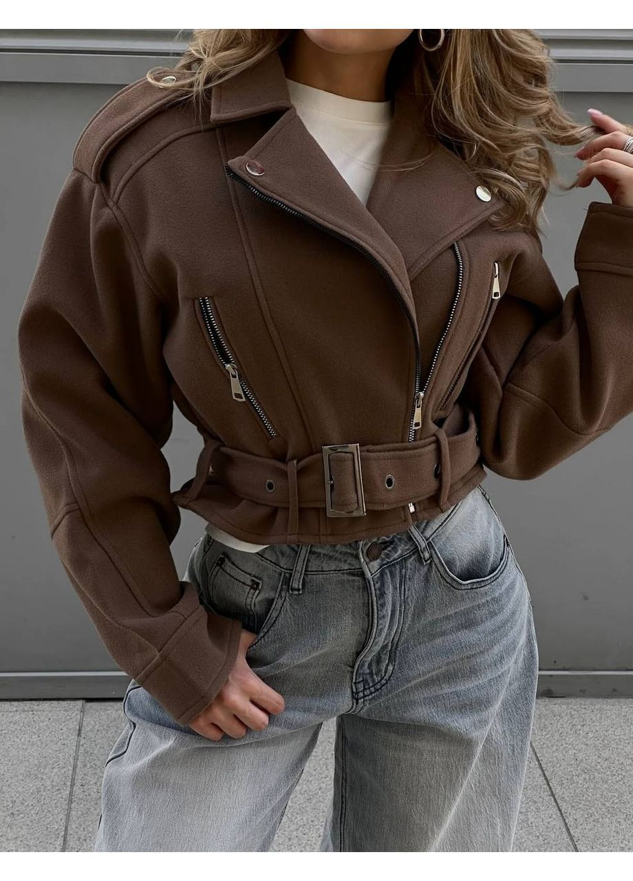 Коричневая демисезонная женская укороченная куртка-косуха с ремнём косуха No Brand