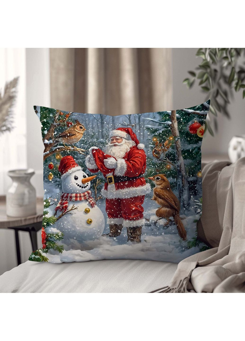 Новогодняя подушка с изображением Санта-Клауса, сов и снеговика 35 х 35 см 13212 WONKEY (364288352)