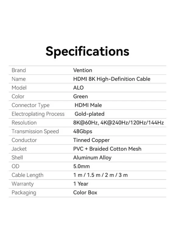 Кабель HDMI - HDMI V 2.1 (M/M), 2 м, Green (ALOGH) Vention (375286282)