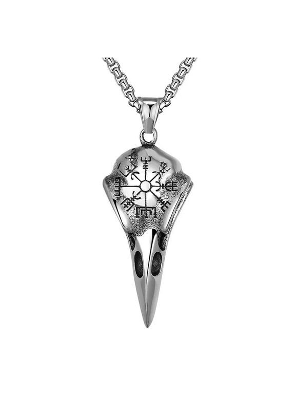 Кулон подвеска ворон орел клюв ворона и вегвизир головы ворона со скандинавскими рунами серебристый амулет Raven (347628923)