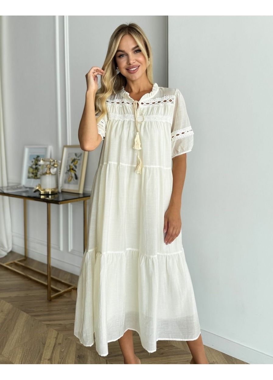 Білий сукня міді з мереживом 111742 No Brand