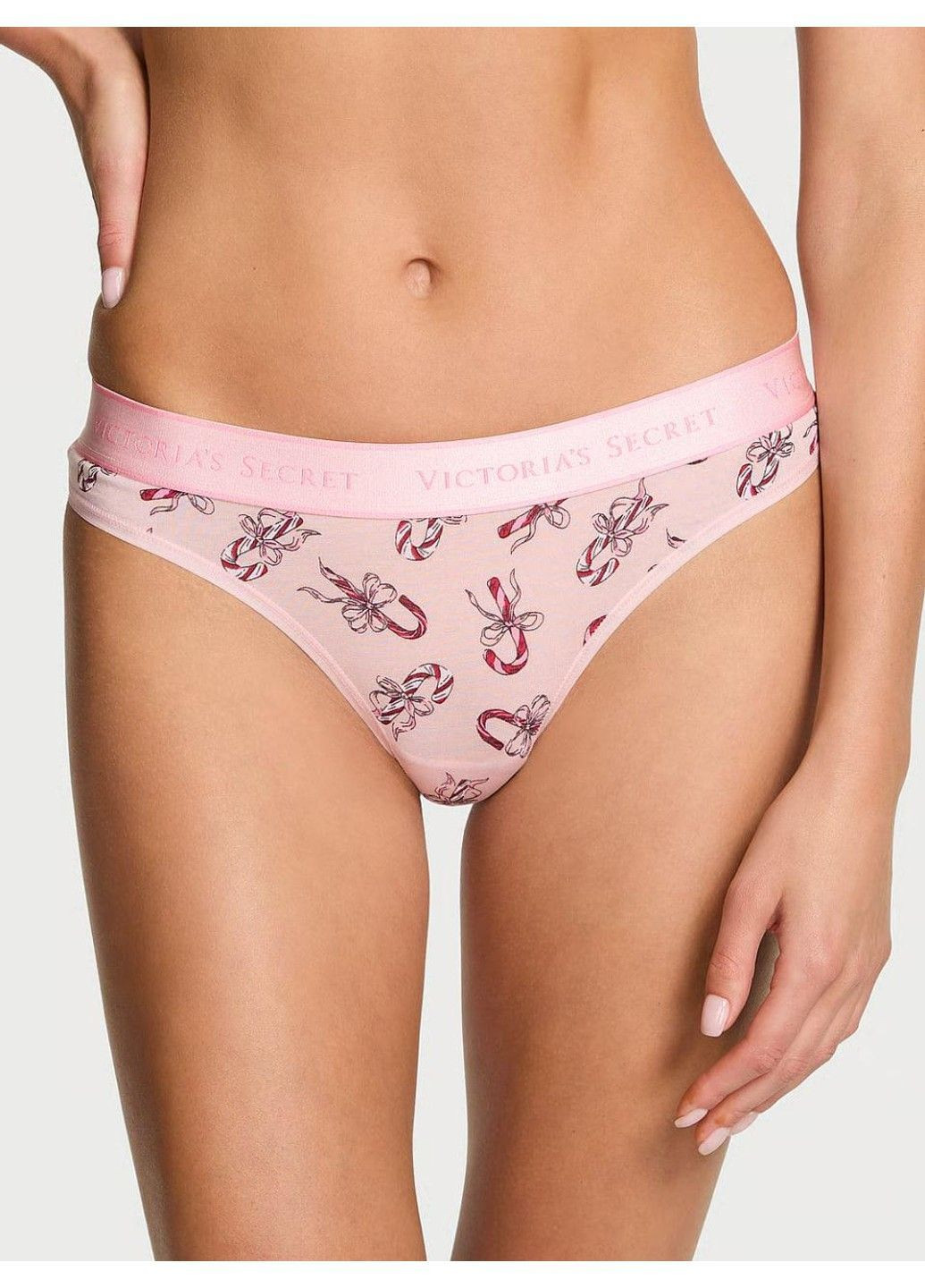 Трусики-стринги женские хлопковые с логотипом Logo Cotton Shine Patch Thong Panty розовые Victoria's Secret (370139637)