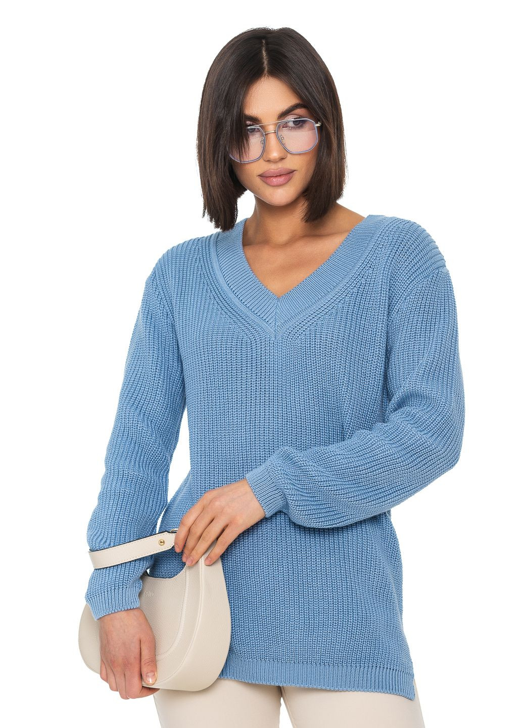 Голубой женский хлопковый свитер с v-образным воротником SVTR