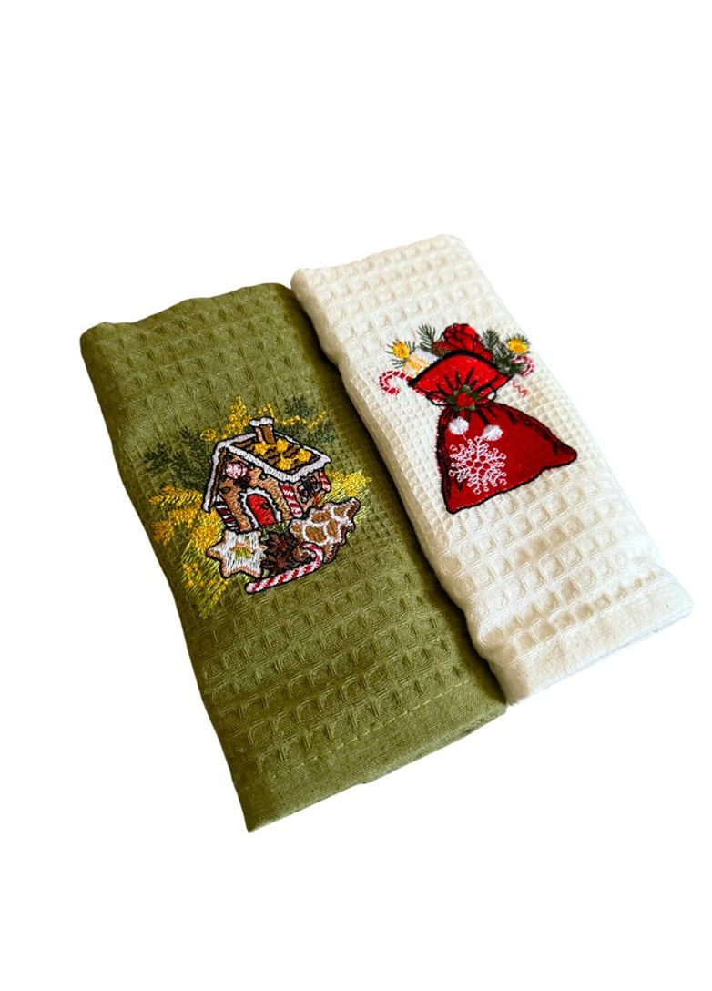 Набір 2 вафельних рушників Nilteks кухонні 40х60 см gingerbread house різнобарвний TC303376107 TURComFor новорічний комбінований