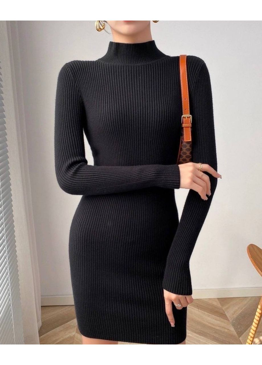 Чорна кежуал в’язана сукня з високим коміром No Brand однотонна