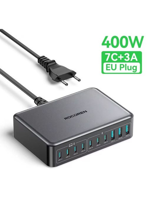 Зарядное устройство 400W GaN 0262 3U+7C black Rocoren (361056041)