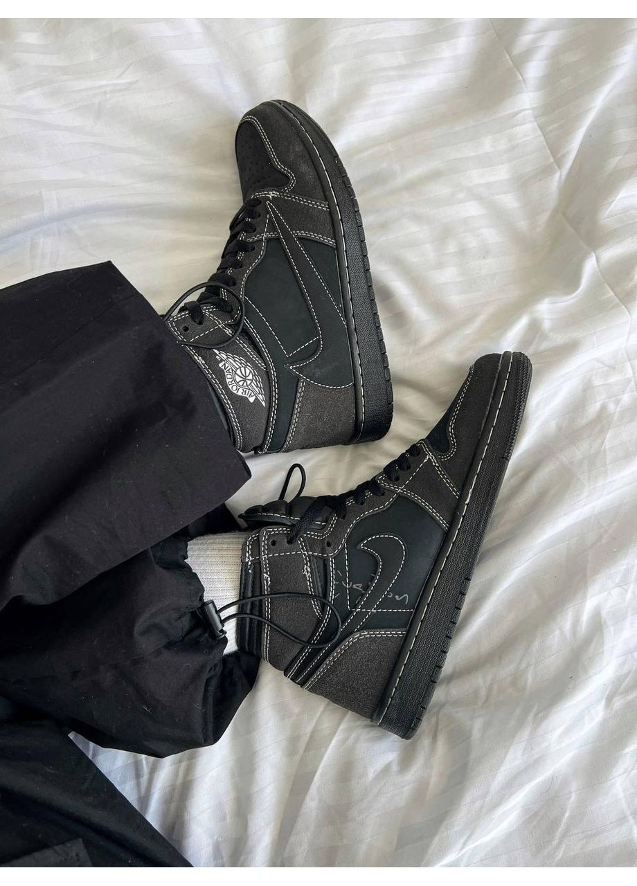 Черные демисезонные кроссовки мужские nike air jordan 1 high og ts travis scott - black phantom найк аир джордан No Brand