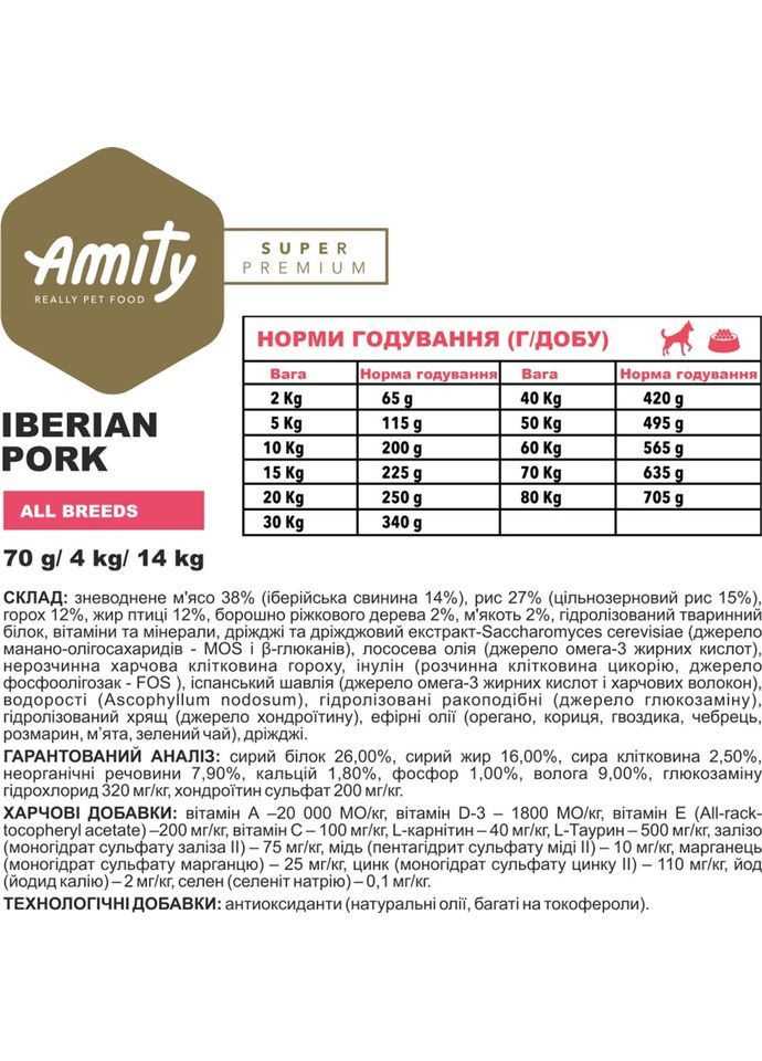 Сухий корм для собак Super Premium Iberian Pork, сухий корм для дорослих собак з іберійською свининою 14 кг (8436538949566) AMITY (364788349)
