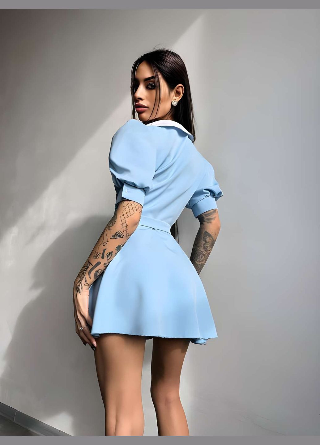 Блакитна святковий, коктейльна, повсякденний, кежуал, вечірня жіноча чорна коротка міні сукня з білим комірцем рукава ліхтарики baby doll Україна