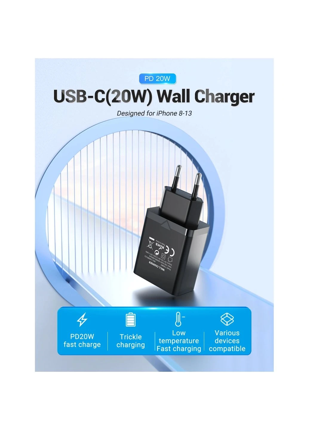 Мережевий зарядний пристрій 1-port USB-C Wall Charger(20W) EU-Plug Black () Vention FADB0-EU (371647196)