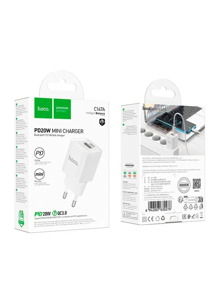 Зарядное устройство C147A Charm 1xUSB-C PD20W + 1xUSB QC3.0 White (6942007630276) Hoco (382662078)