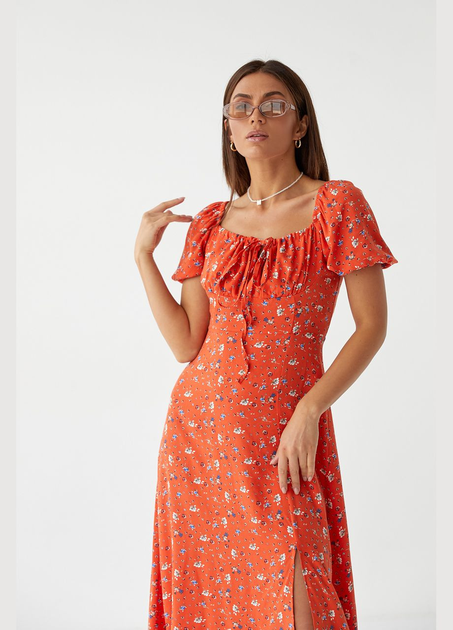 Терракотовое повседневный летнее платье-миди с завязками на груди 036 Lurex с цветочным принтом