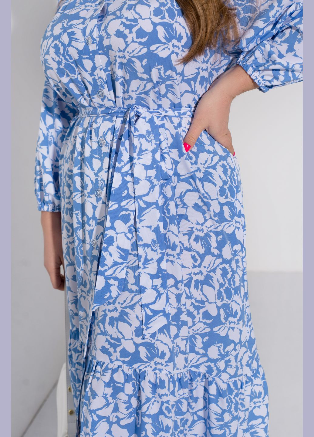 Голубое кэжуал, повседневный трендовое платье колокол No Brand с цветочным принтом