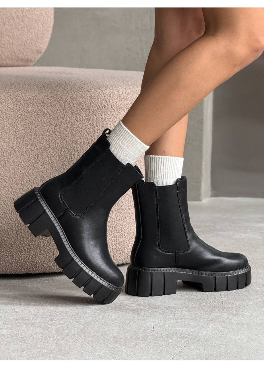 Зимние женские зимние ботинки челси натуральная кожа черный цвет на меху челси No Brand