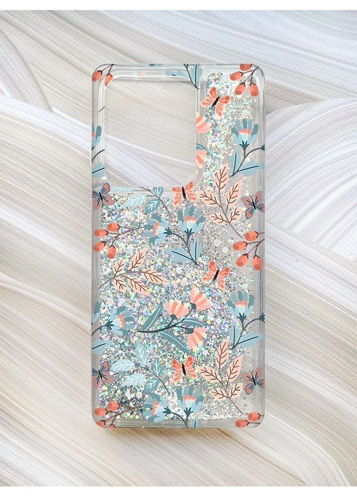 Чехол с плавающими блестками на Xiaomi Redmi 13C / Poco C65 Серебро:: Цветочный фон (принт 370) CASE CONTROL (360679661)