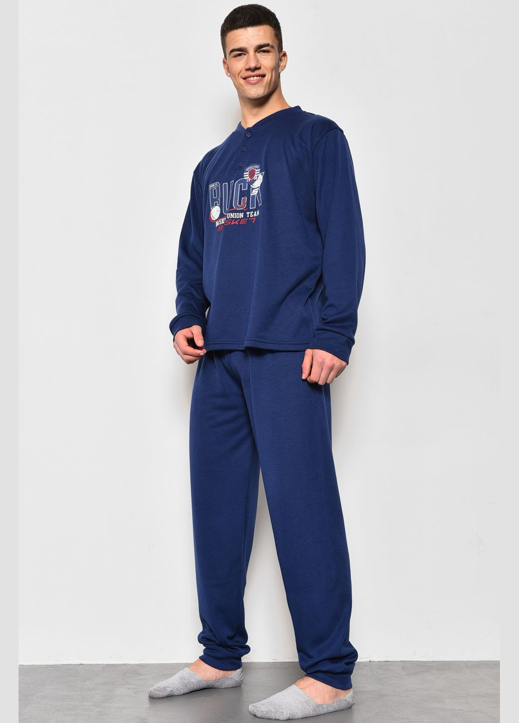 Пижама мужская на флисе полубатальная темно-синего цвета Let's Shop (278761304)