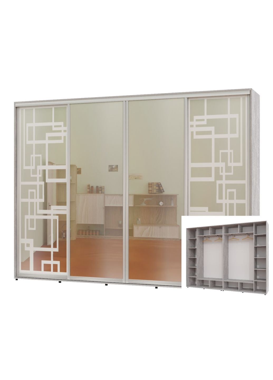 Шкаф-купе четырехдверный 300*45*250 Индастриал 2 Зеркала с пескоструйным рисунком/2 Зеркала Алекса (360461523)