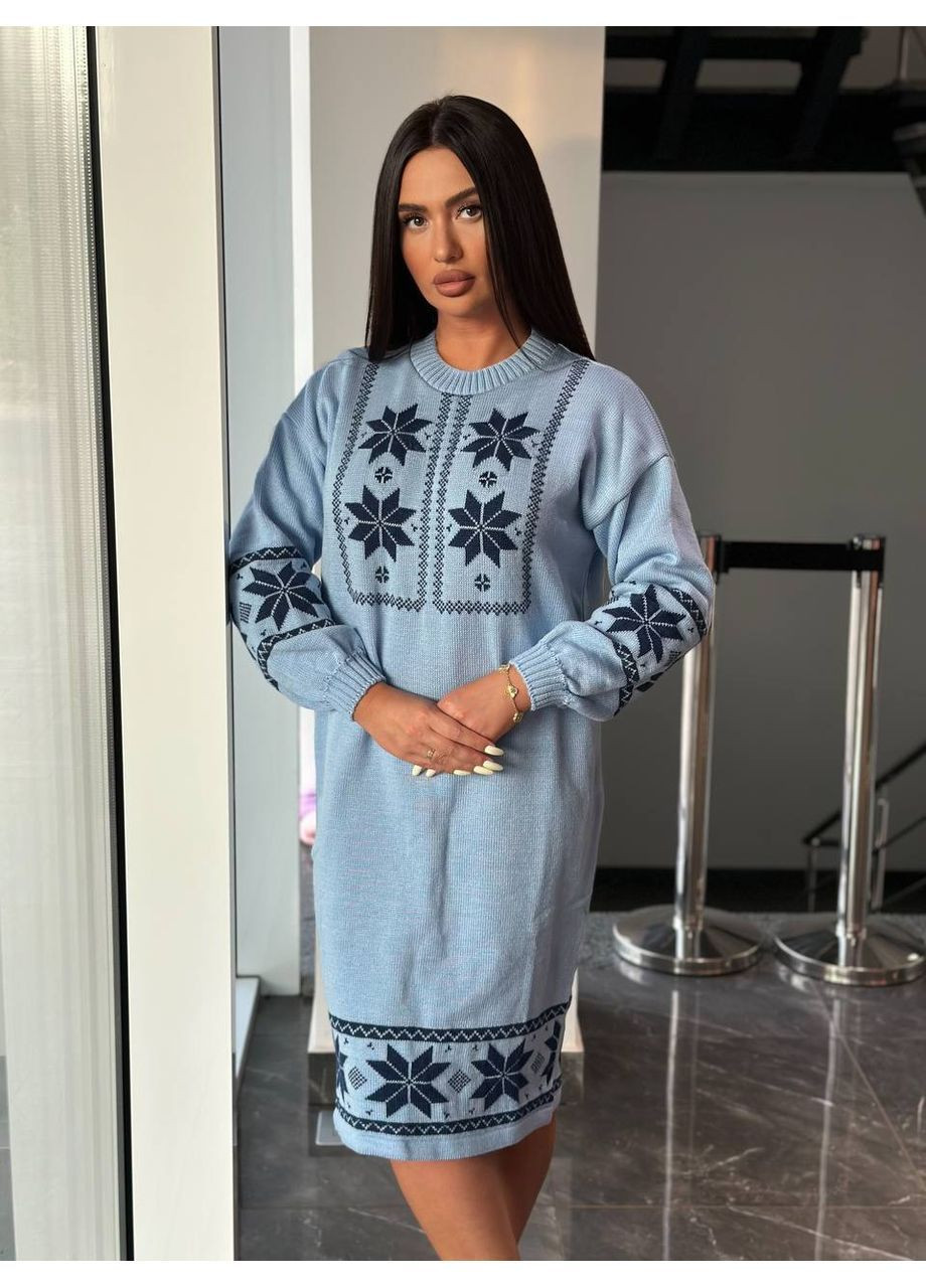 Блакитна святковий, повсякденний, кежуал жіноча в'язана сукня No Brand з орнаментом