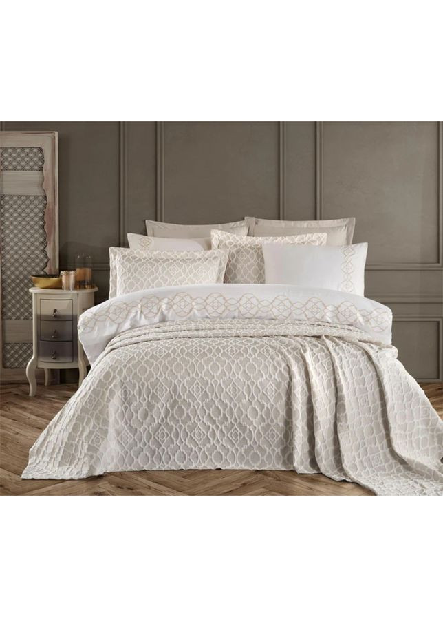 Набор постельного белья с вышивкой и жаккардовым покрывалом - Victoria bej бежевый евро Dantela Vita (286421909)