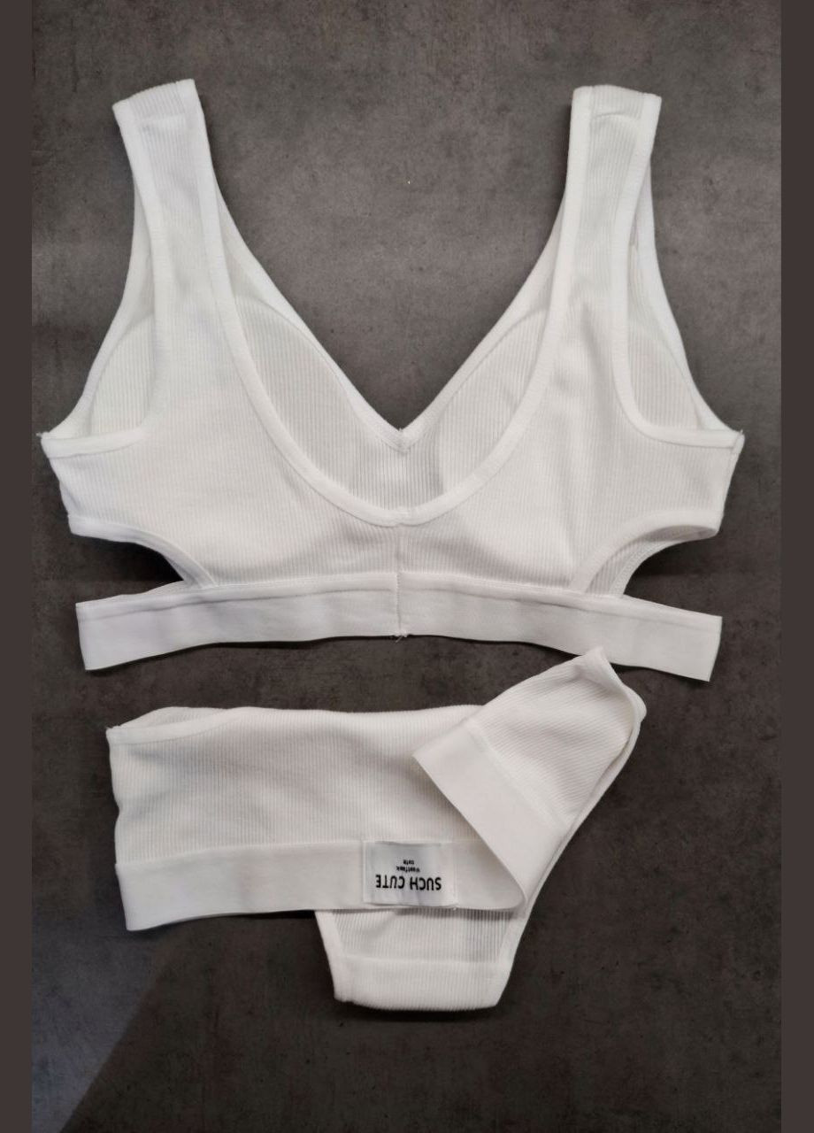 Белый демисезонный женский базовый комплект нижнего белья из рубчика со съемными чашками – топик и трусики, универсальный размер No Brand