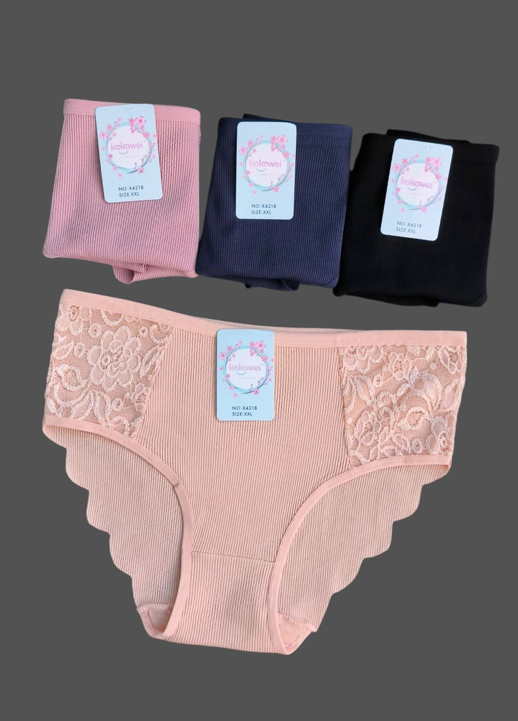 Набор 4 шт хлопковые трусы слип в рубчик с кружевом впереди (сзади бесшовные края, что не передавливают ягодицы) Kokowei (322429364)