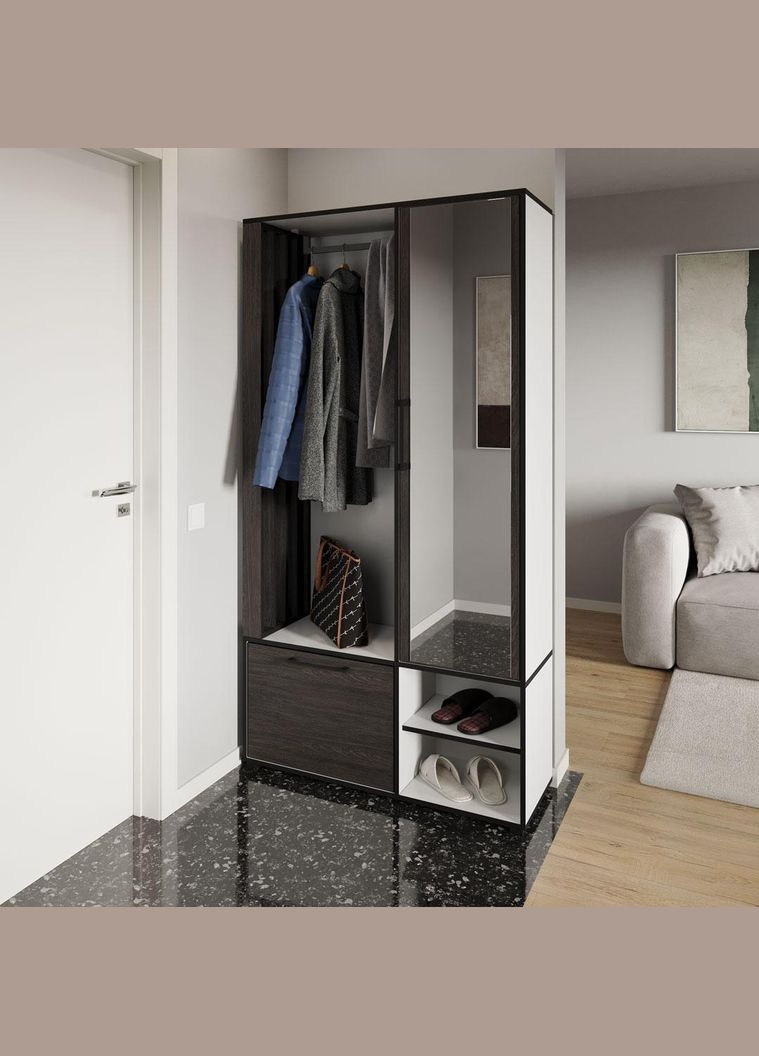 Сучасна прихожа з дзеркалом, дверцятами та штангою для одягу від KO-0003 Білий/Венге темний MORELI (361035154)