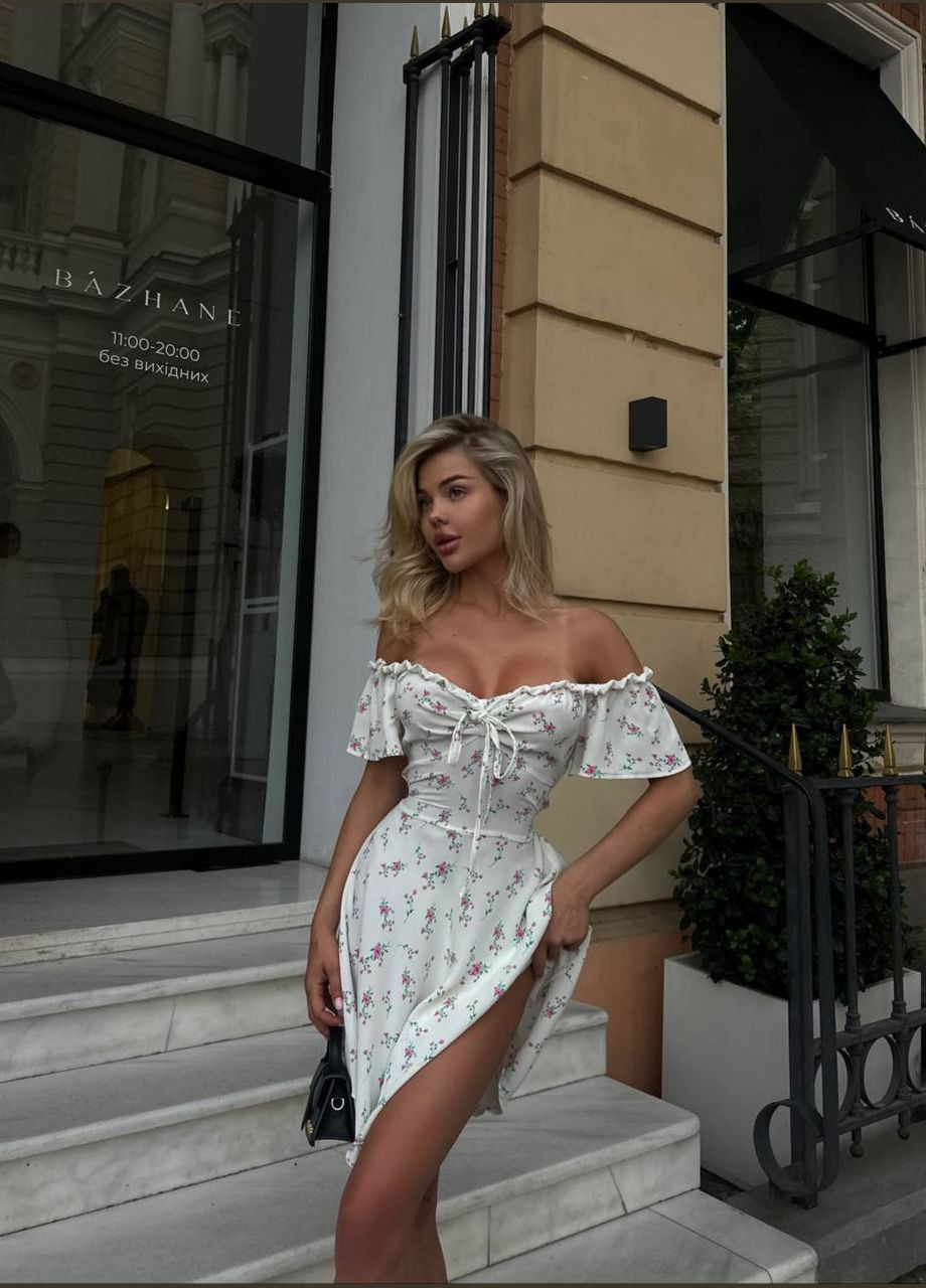 Білий повсякденний, кежуал, вечірня жіноча сукня FINO Mode з квітковим принтом