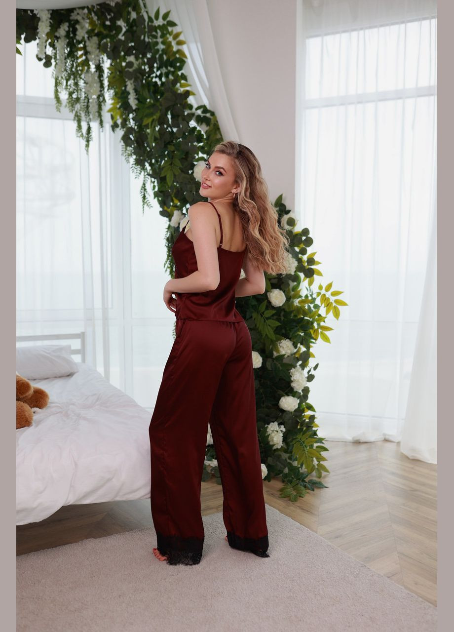 Бордова всесезон піжама жіноча костюм домашній шовковий майка та штани з мереживом бордовий Maybel