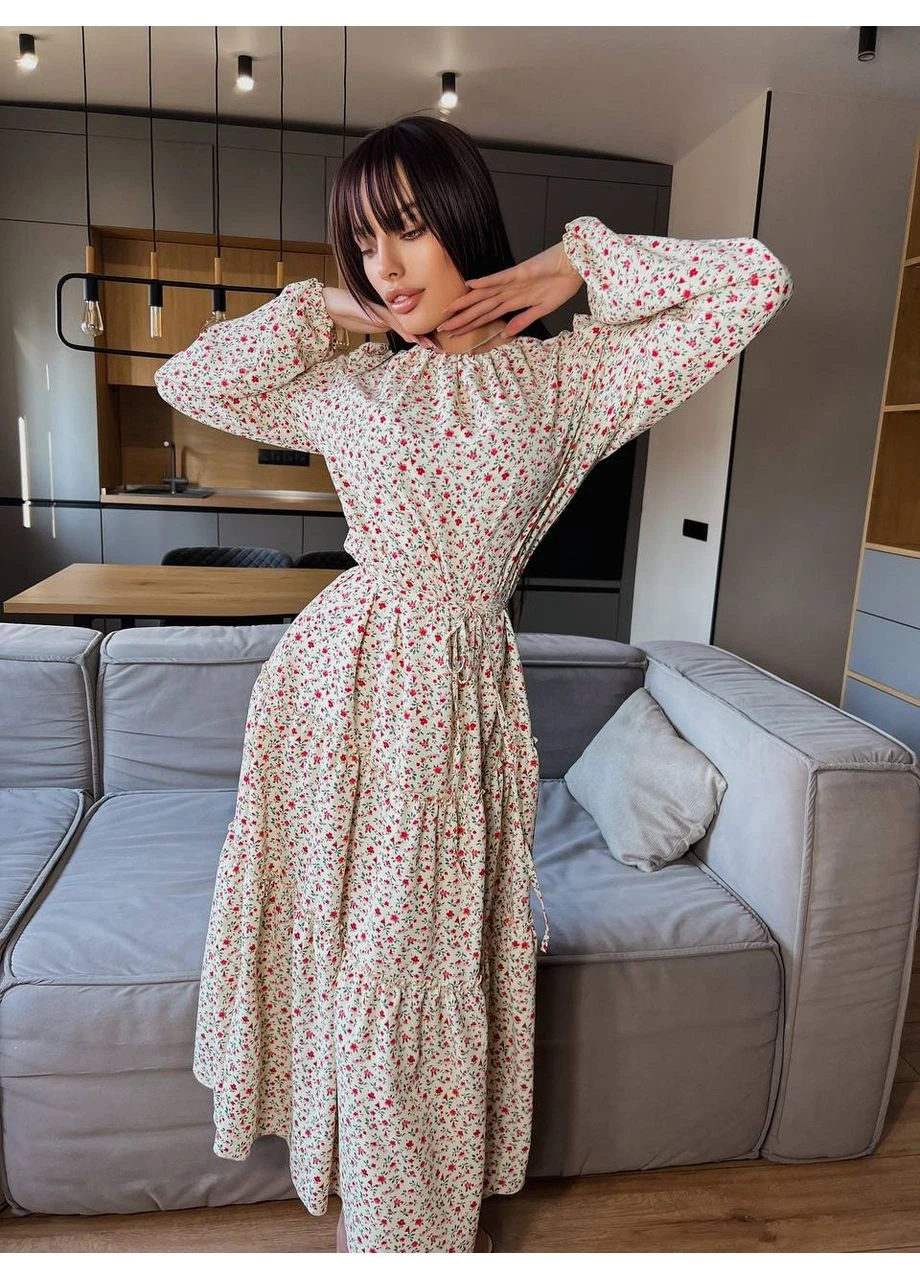 Молочное повседневный женское платье миди в цветы (like17595) Like fashion