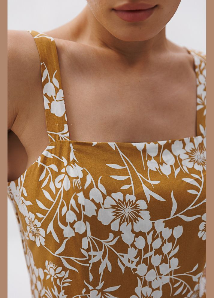 Жовтий жіноча літня сукня міді з квітковими візерунками та розрізом Arjen