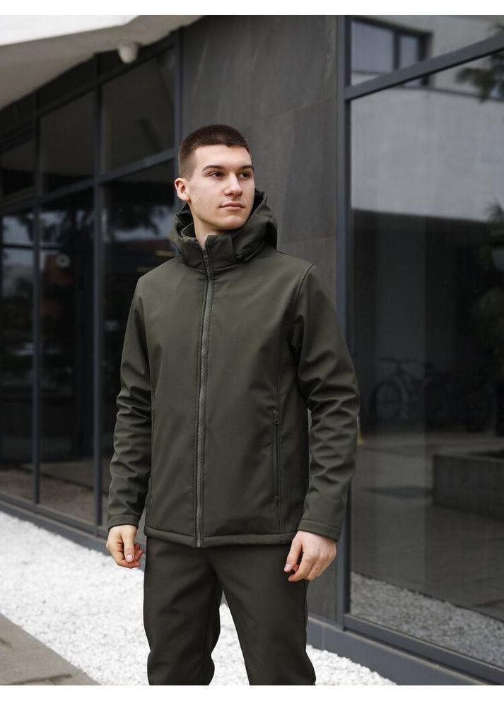 Оливковая (хаки) демисезонная мужская водонепроницаемая куртка softshell весна/осень хаки No Brand