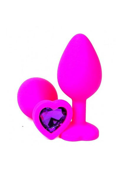 Анальна пробка М 3.4 см силіконова середня з каменем у формі серця TOYFA Silicon Plug + мішечок Рожевий Focus (303911116)