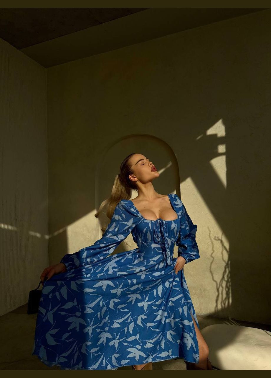 Синя повсякденний жіноча сукня зі шнурівкою Україна з квітковим принтом