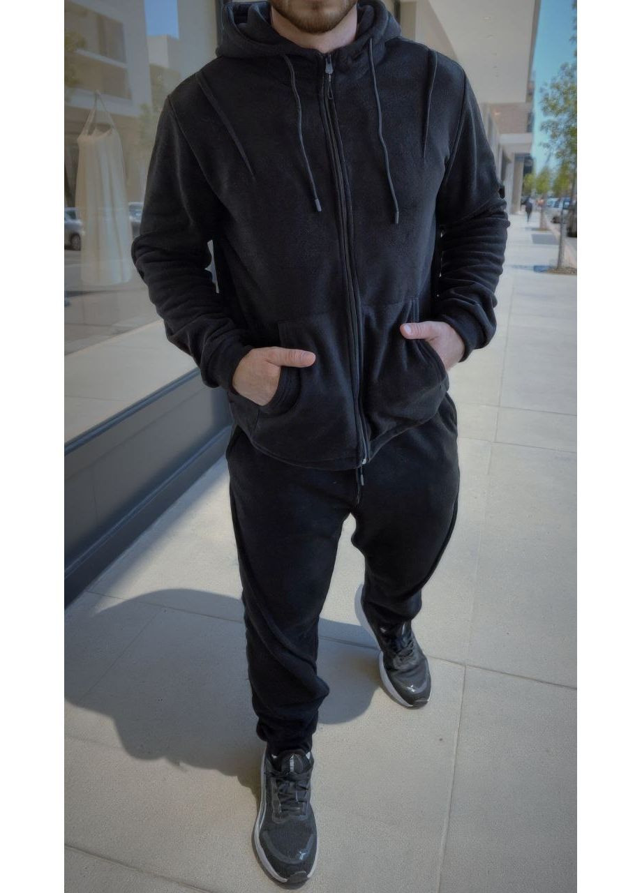 Чорний костюм чоловічий теплий фліс плотний штани і зіп худі з капюшоном No Brand