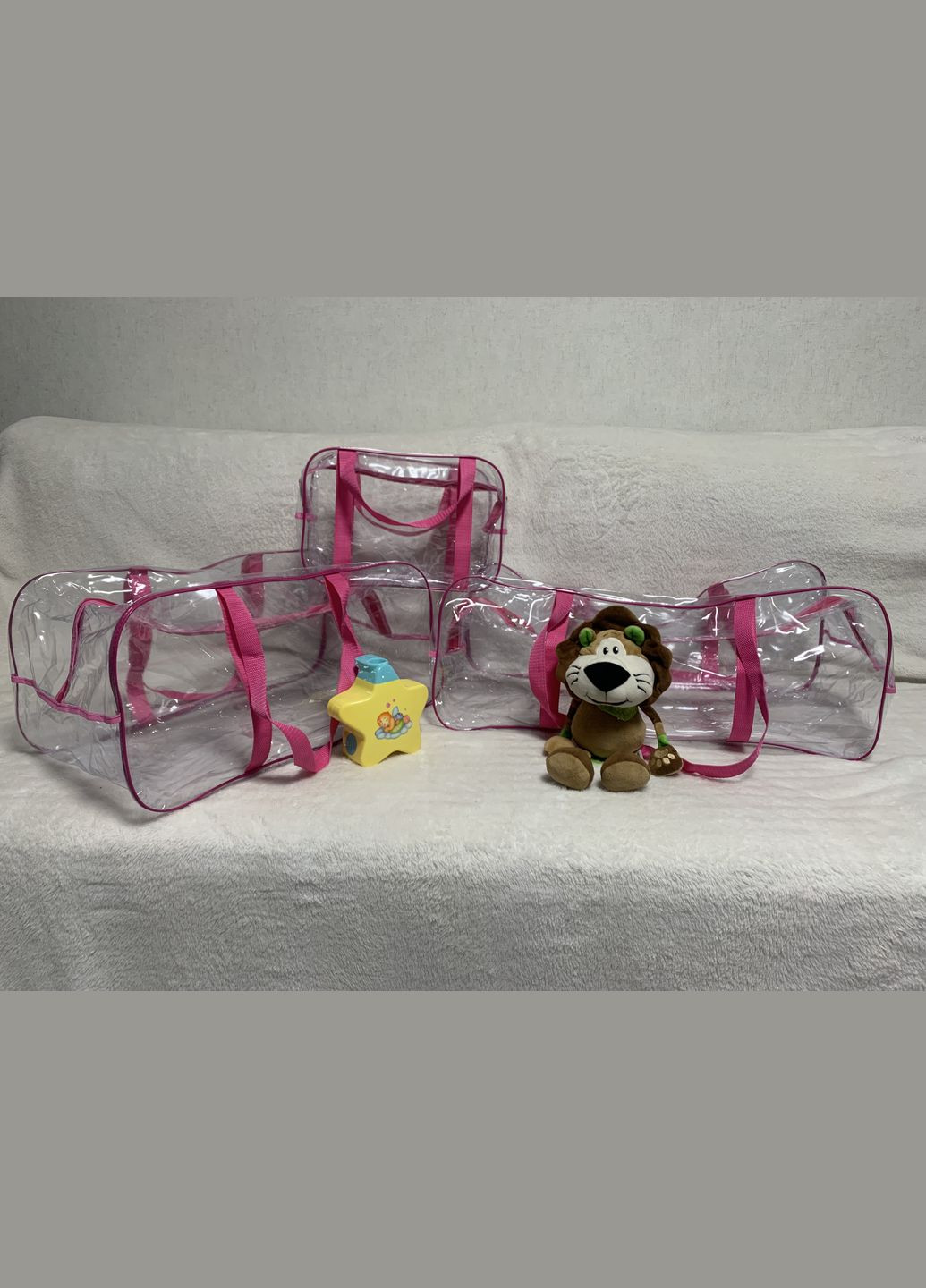 Набір із 3х прозорих сумок у пологовий будинок S+L+XL рожеві No Brand (300533415)