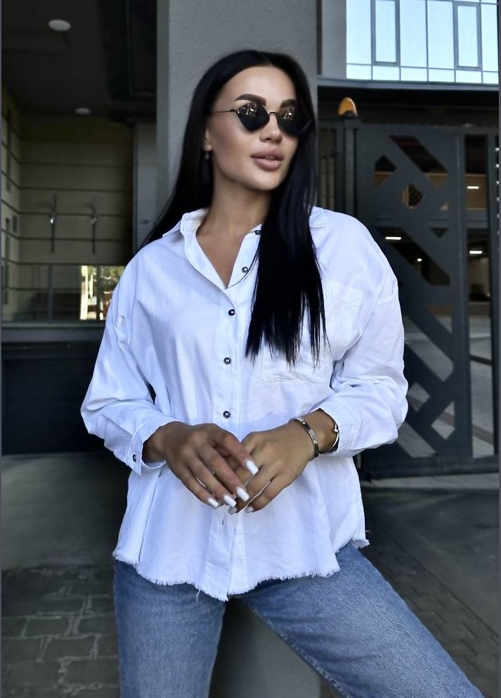 Белая праздничный, повседневный, кэжуал, джинсовая рубашка однотонная No Brand с длинным рукавом