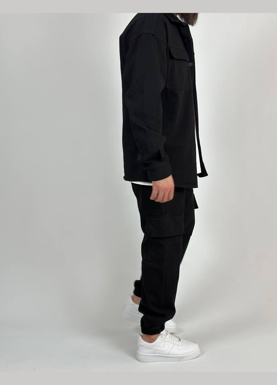 Черный демисезонный стильный черный костюм 2-ка из качественной ткани: джинс-бенгалин, трендовый костюм двойка (рубашка+штаны) No Brand 403-2