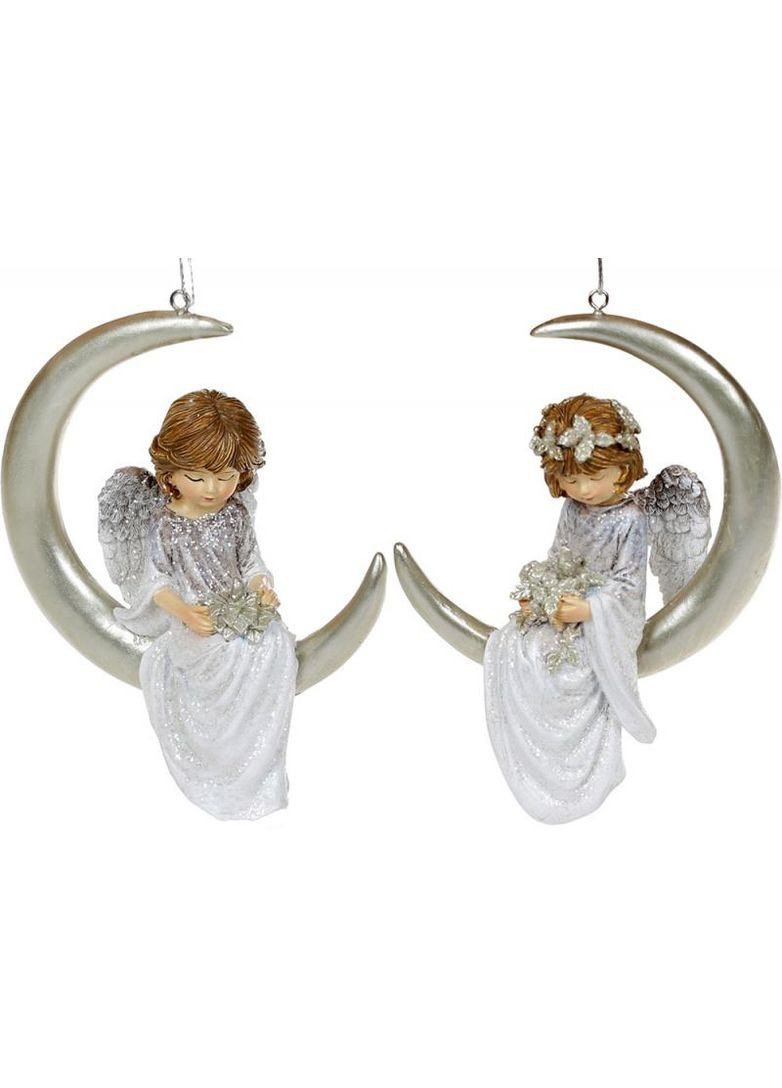 Подвесные фигурки Ангел на Месяце 2 штуки полистоун шампань с серым для декора интерьера украшение Bona (368990113)