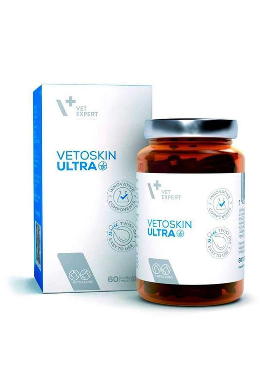 Харчова добавка для комплексної підтримки і регенерації шкіри та шерсті у котів і собак VetoSkin Ultra - 60 шт./уп. VetExpert (336182785)