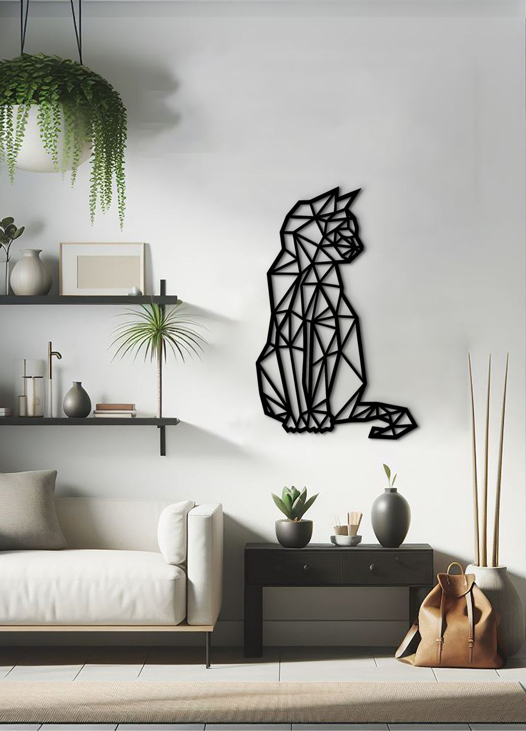 Дерев'яна картина на стіну, декор в кімнату "Геометричний кіт", стиль мінімалізм 50х33 см Woodyard (292113613)