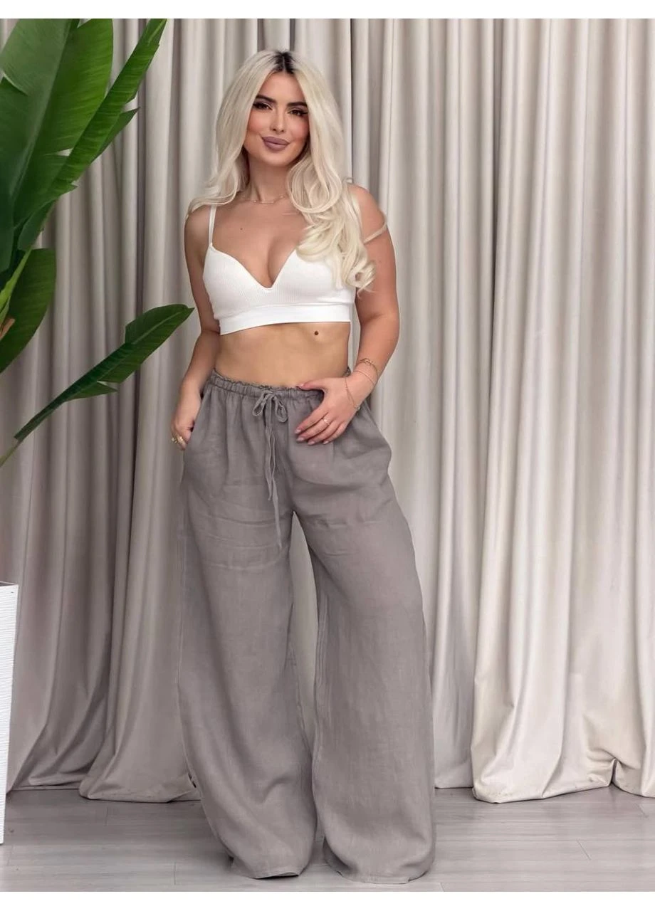 Женские штаны льняные свободного кроя кофейного цвета 38309 No Brand (393908869)