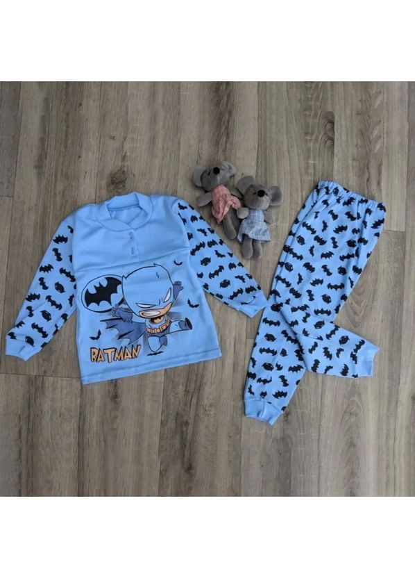 Блакитна всесезон дитяча піжама для хлопчика, трикотаж, 100% бавовна, блакитна з принтом кажанів No Brand