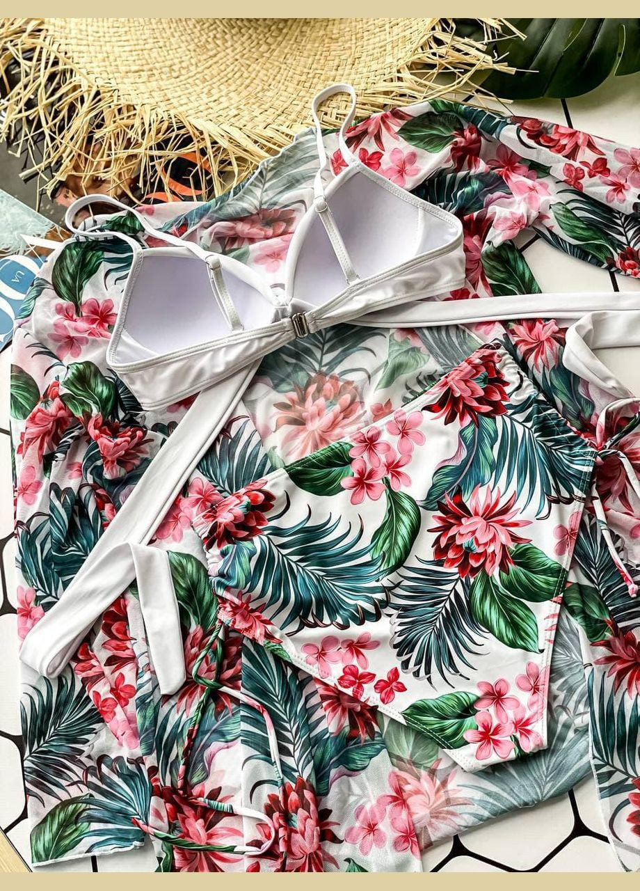 Синий летний купальник + туника (листья синие) раздельный Ghazel