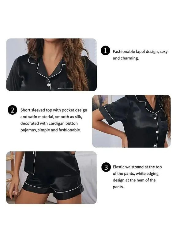 Чорна всесезон атласна жіноча піжама classic з шортами, шикарний комплект піжами, жіноча чорна піжама з білим кантом сорочка + шорти No Brand піжама Classic з шортами чорна
