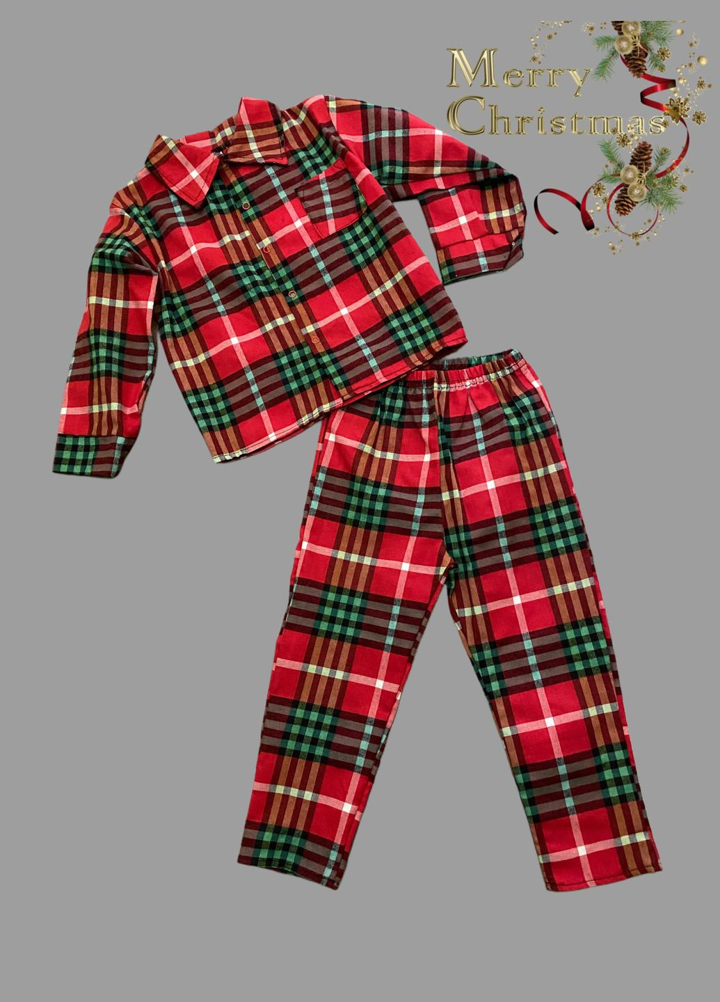 Красная зимняя пижама новогодняя детская в клетку рубашка + брюки No Brand